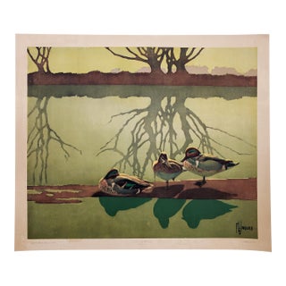 Rare Vintage Original 1944 Lithograph "Teal & Willows" by Famed Nature Artist Francis Lee Jaques For Sale