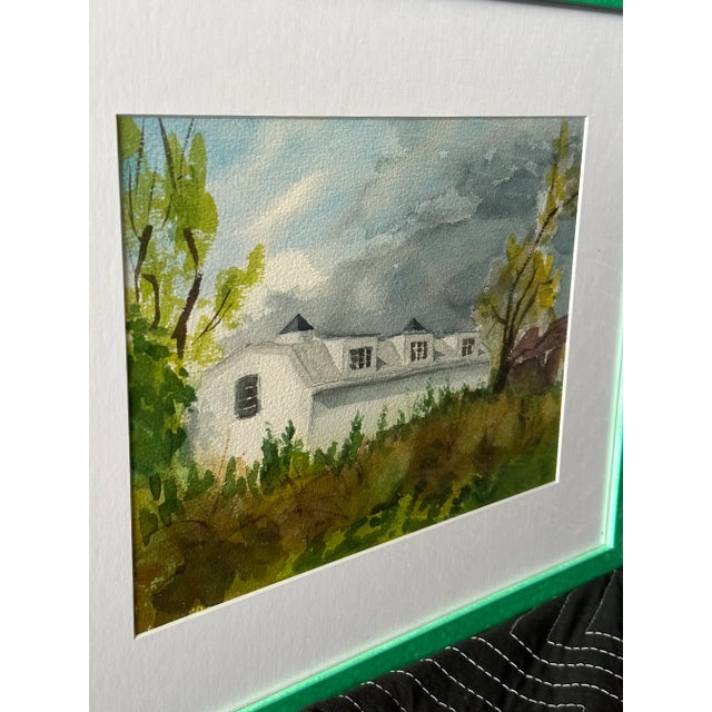 Late 20th Century Three Vintage Watercolors of Homes Among Trees in New Modern Green Glazed Frames For Sale - Image 6 of 10