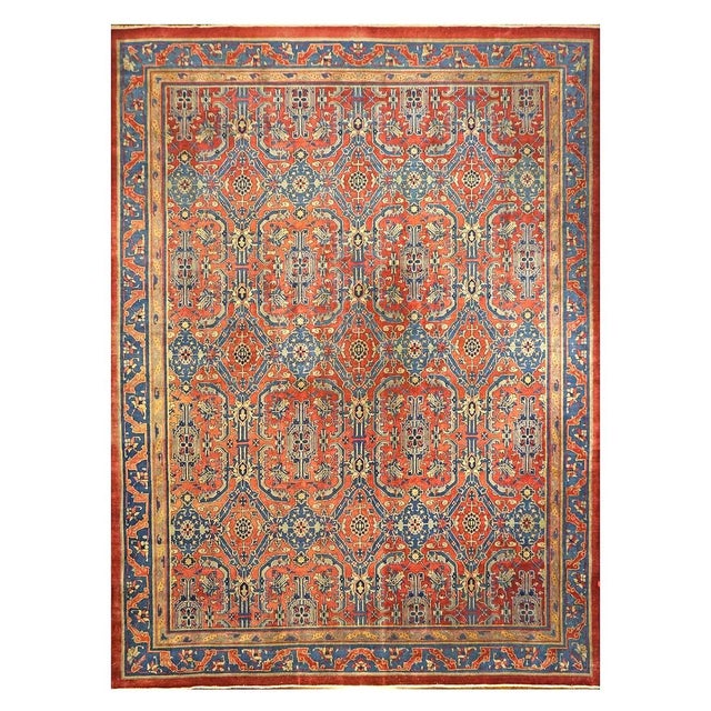 Antique Indian Sultanabad Wool 12x16 Red, Blue & Ivory Handmade Area Rug #9902404 For Sale