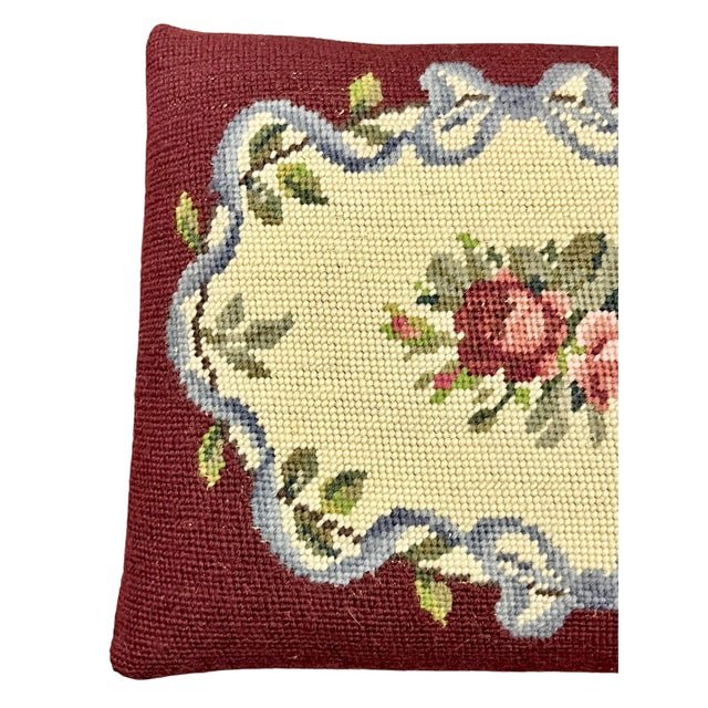 Vintage Burgundy Floral Needlepoint Footstool With Turned Pine Legs For Sale - Image 10 of 13