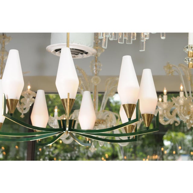 Brass 1950s 10-Light Brass & Lacquer Green Chandelier in Manner of Stilnovo For Sale - Image 8 of 12