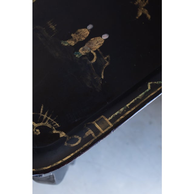 Wood Ebonized Chinoiserie Coffee Table With Hand Painted Tole Top For Sale - Image 7 of 9