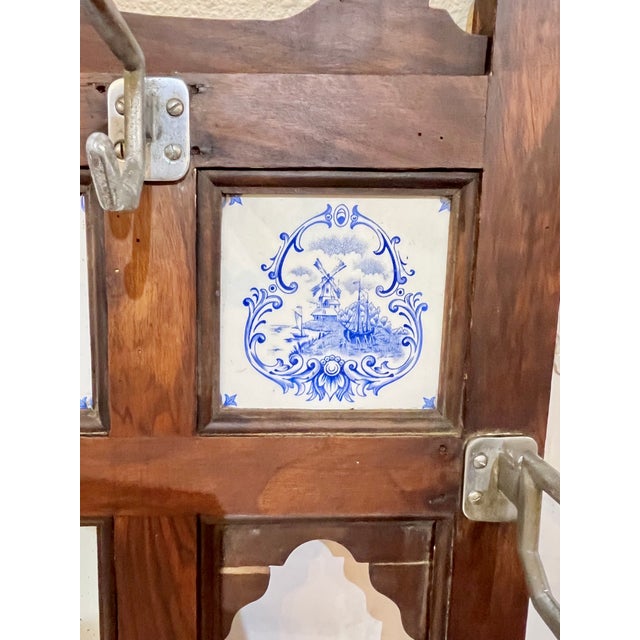 Antique English Walnut Mirrored Coat Hat Rack With Dutch Blue and White Ceramic Tiles For Sale - Image 16 of 18