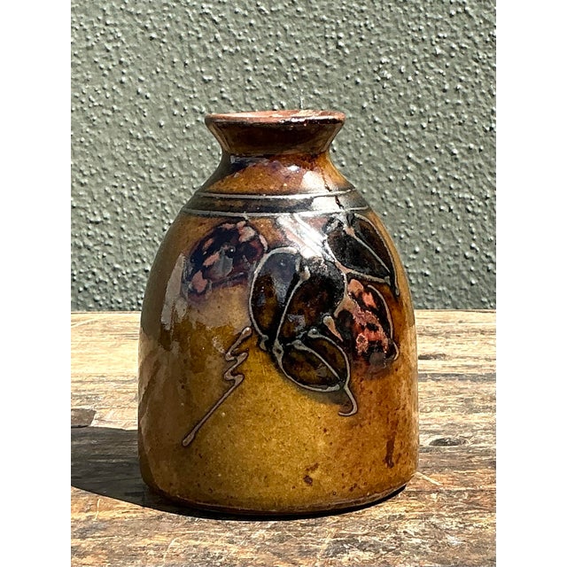Ceramic Vintage Hand Painted Leaves Studio Pottery Vase For Sale - Image 7 of 12