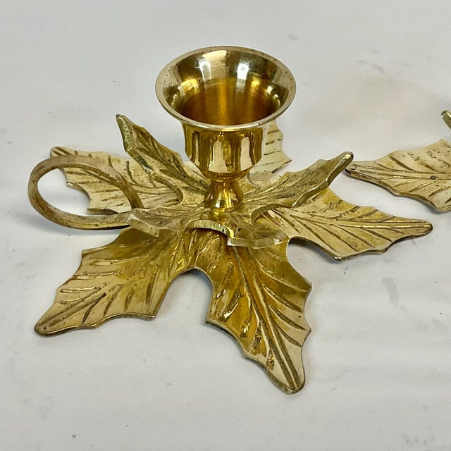1970s 1970s Vintage Traditional Americana Brass Poinsettia Candle Holders - A Pair. For Sale - Image 5 of 12