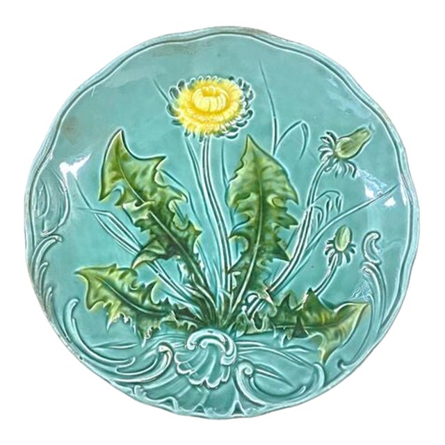 Antique Aqua Antique Majolica Dandelion Plate For Sale