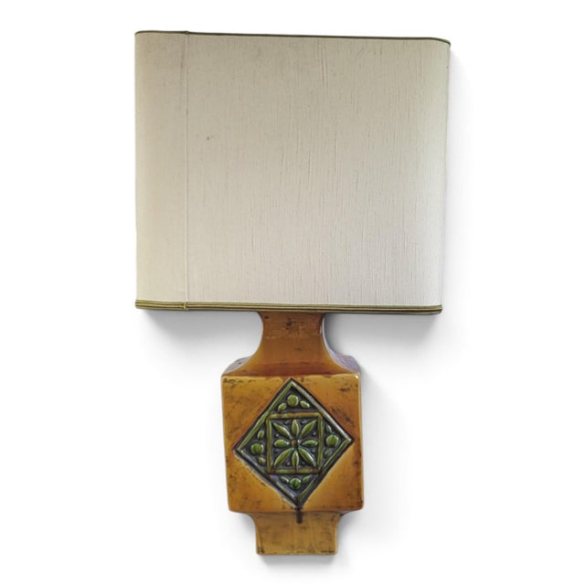 Mustard Yellow Glazed Ceramic Lamp with Floral Diamond Pattern, Vallauris, France, 1960s For Sale - Image 6 of 13