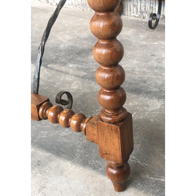 19th Century Spanish Farm Table with Iron Stretchers, Hand Carved Top and Drawer For Sale - Image 10 of 18