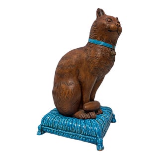 Italian c.b. Bassano Terracotta Majolica Cat on Cushion, Circa 1960s For Sale