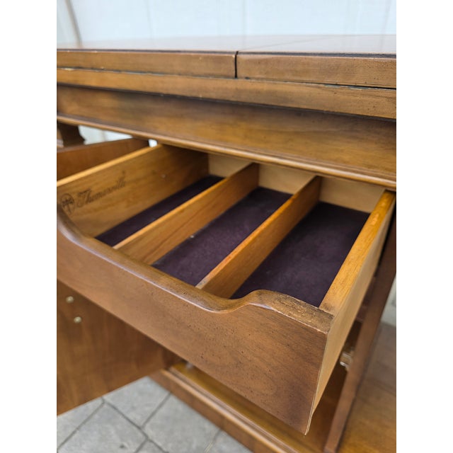 1960s Vintage Thomasville Lion’s Head Walnut Hardwood Credenza / Buffet / Serving / Server Table With Flip Top on Wheels For Sale - Image 17 of 17