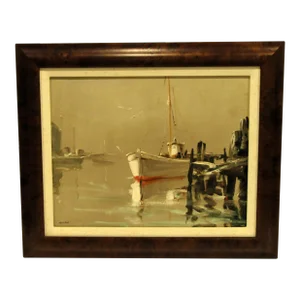 Vintage Doug Moulson Fishing Boat at Dock Impressionist Oil Painting