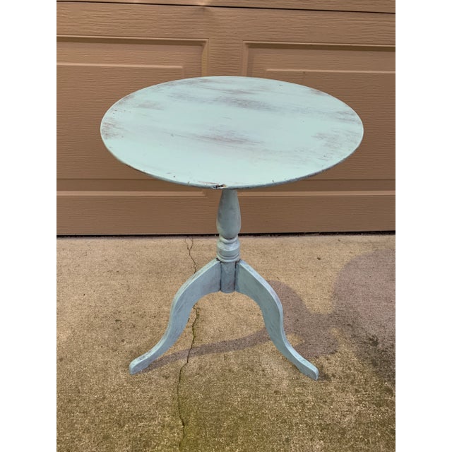 Blue Antique French Country Round Painted Walnut Side Table, Early 20th Century For Sale - Image 8 of 10