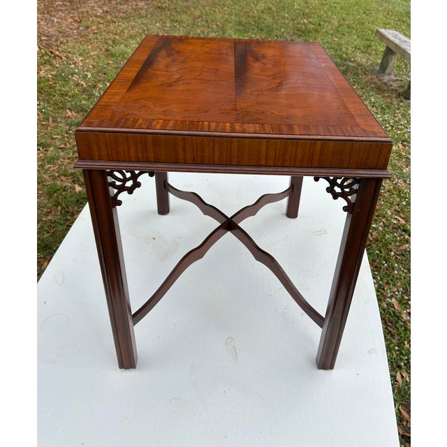 A stunning Chinoiserie Chippendale-style mahogany side table in the manner of Thomas Chippendale, whose influential...