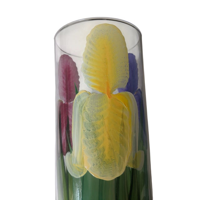 Vintage Original Hand Painted Botanical Iris Flower Glass Vase Signed For Sale - Image 11 of 17