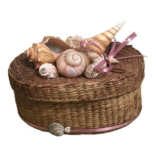 Vintage Woven Wicker Box & Shell Lid For Sale