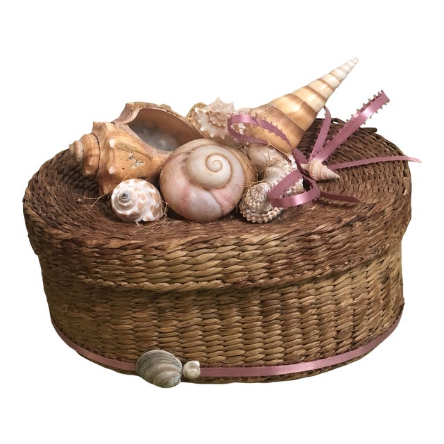 Vintage Woven Wicker Box & Shell Lid For Sale