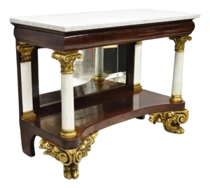 Antique American New York Classical Marble Top Mahogany Console Pier Table
