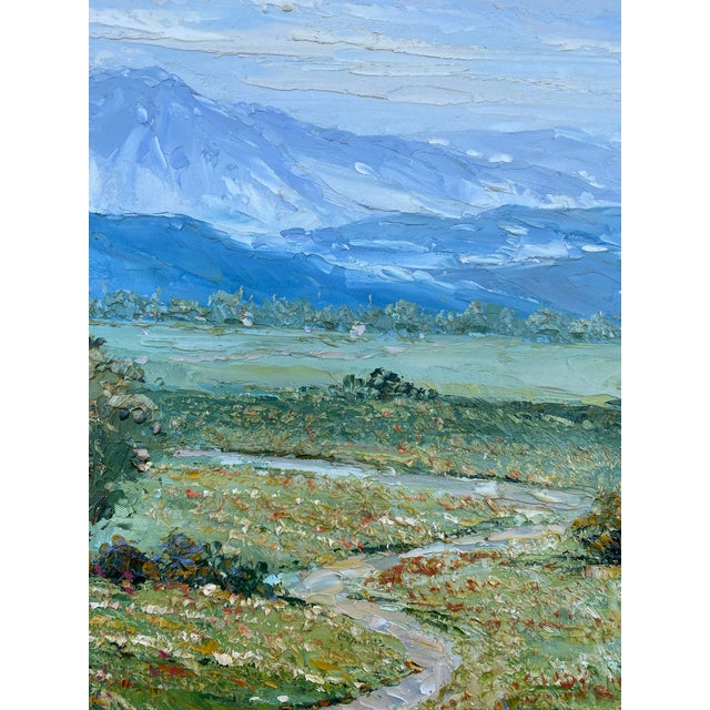 Large Modern Impressionist Oil Painting of Wildflower Field Stream and Mountain For Sale In San Francisco - Image 6 of 13