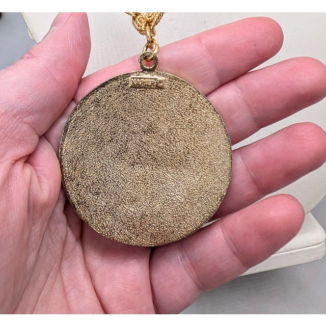 Vintage 1970s Signed Napier Goldtone Aztec Inspired Round Pendant Necklace For Sale In Philadelphia - Image 6 of 7