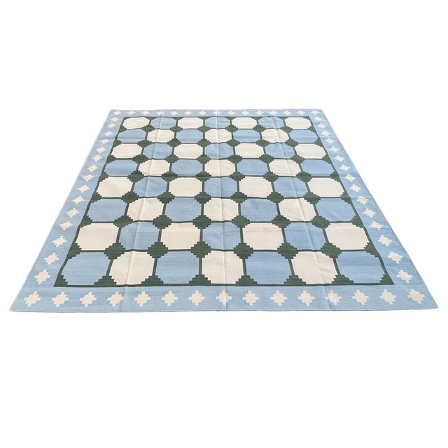 Not Yet Made - Made To Order Handmade Cotton Rug Vegetable Dyed Sky Blue and Green Tile Pattern Gingham Dhurrie - 12'x15' For Sale - Image 9 of 11