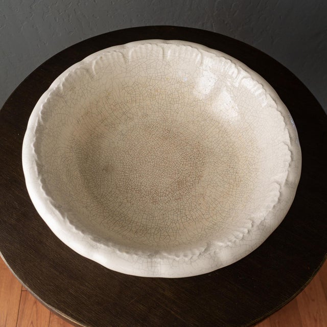 White Oversized Studio Pottery Bowl With Scalloped Rim and Crackle Glaze For Sale - Image 13 of 14