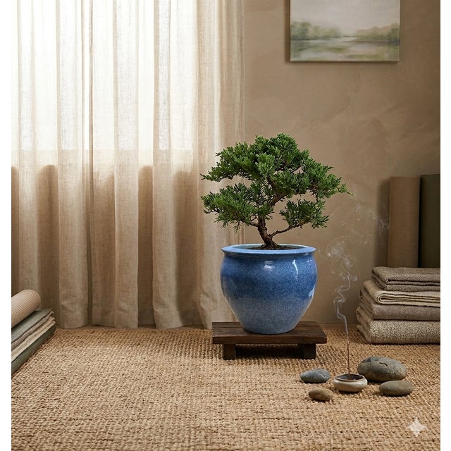 Cerulean Vintage Mottled Blue Powder Marks Porcelain Round Pot Planter For Sale - Image 8 of 8