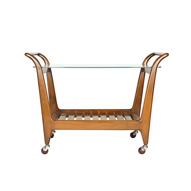 Mid-Century Modern Mid-Century Wood Brass and Glass Trolley attributed to Giovanni Gariboldi, 1950s For Sale - Image 3 of 10