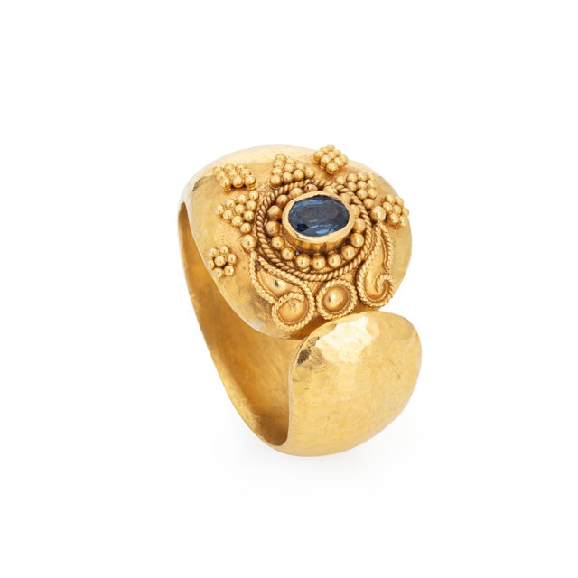 Vintage Sapphire Cuff 22k Yellow Gold Wide Band Greek Ring Size 6 ...