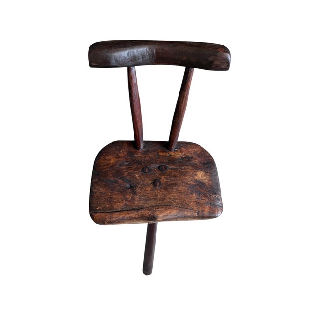 Three-Legged Wooden Stool with Backrest For Sale - Image 4 of 6