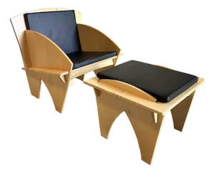 Minimalist Vintage Modern Wood and Leather Seat Puzzle Chair and Ottoman