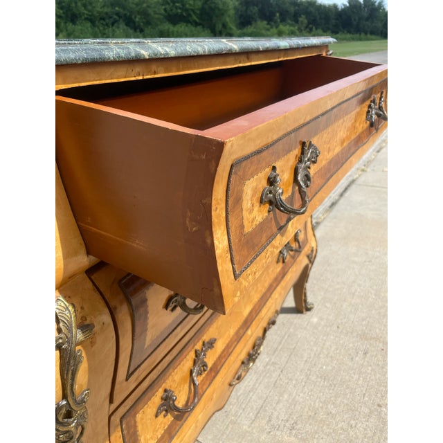 Tan Antique Italian Burlwood Bombe Commode Ormolu Green Marble For Sale - Image 8 of 11