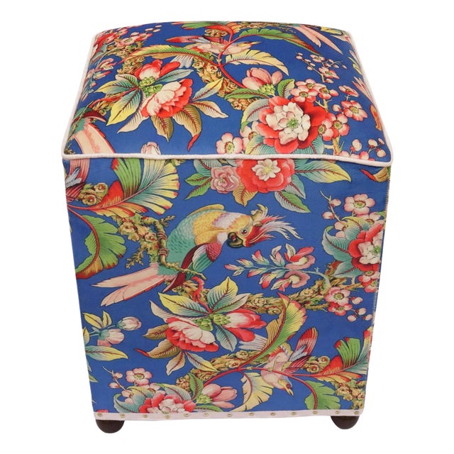 Shabby Chic Edwardian Parrot Velvet Upholstered Ottoman For Sale