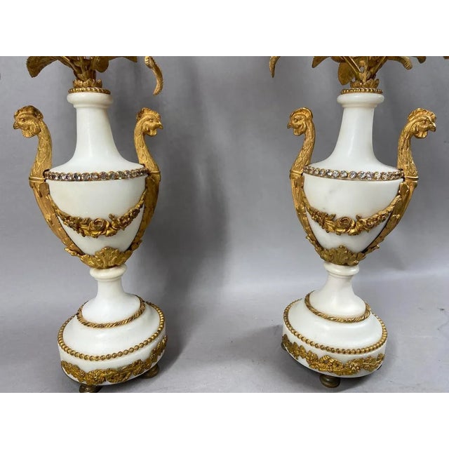 19thC French Louis XVI White Marble Bronze Candelabras - Pair For Sale - Image 6 of 17
