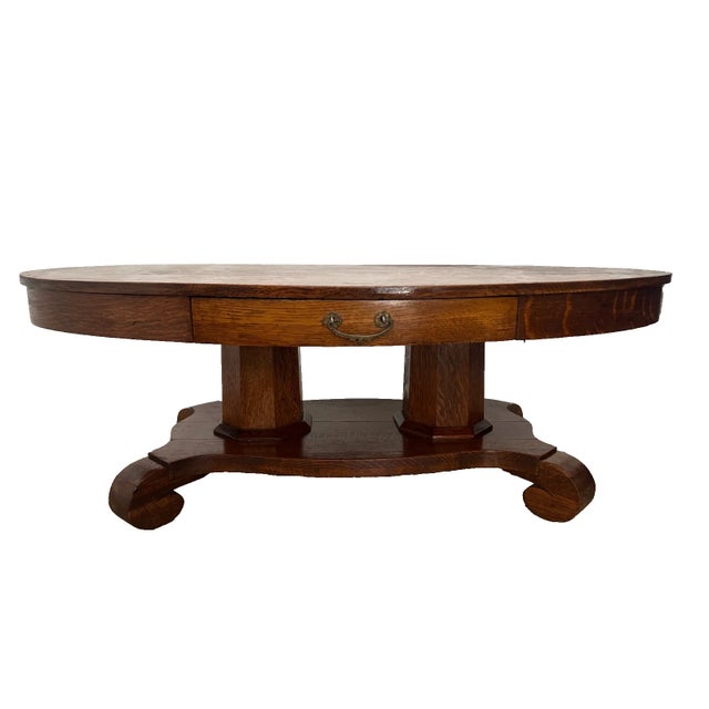Traditional Antique Oval Coffee Table Tiger Oak Center Drawer Shelf Columns Empire Style For Sale - Image 3 of 11