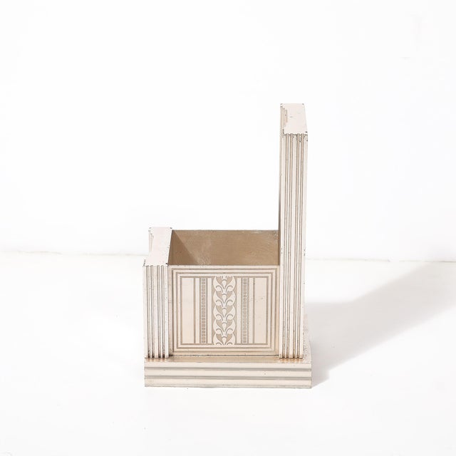 Art Deco Art Deco Machine Age Fluted Aluminum Desk Container W/ Etched Geometric Motifs For Sale - Image 3 of 13