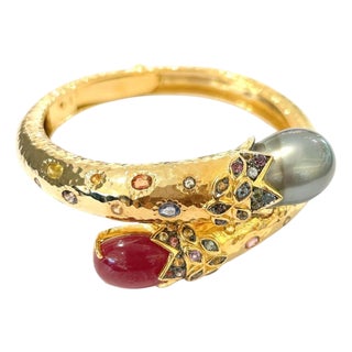 Bochic "Orient" South Sea Pear, Ruby & Sapphire Bangle Set In 18K Gold & Silver For Sale