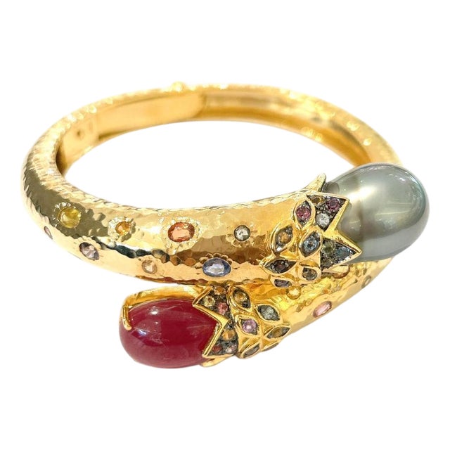 Bochic "Orient" South Sea Pear, Ruby & Sapphire Bangle Set In 18K Gold & Silver For Sale