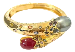 Bochic "Orient" South Sea Pear, Ruby & Sapphire Bangle Set In 18K Gold & Silver