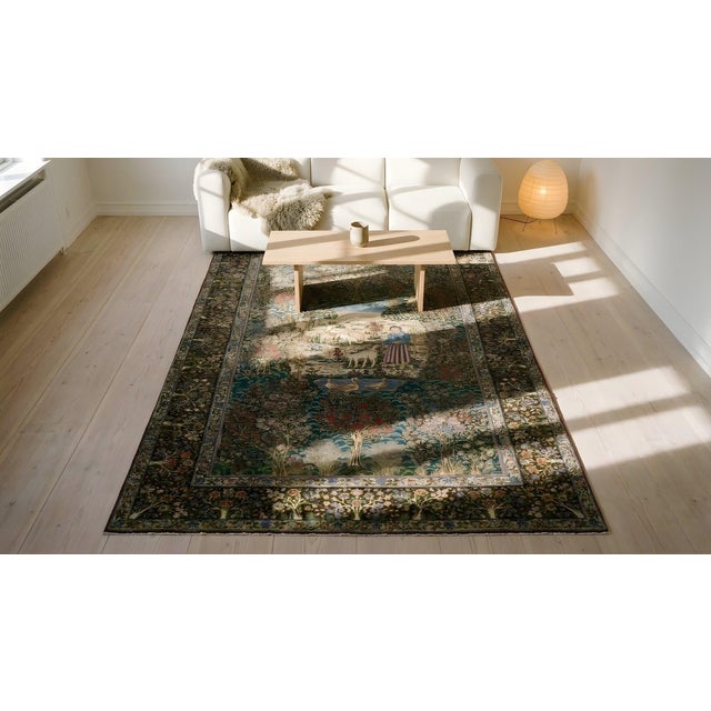 Green 1920s Fine Green Small Pictorial Garden of Paradise Antique Floral Kerman Rug For Sale - Image 8 of 9