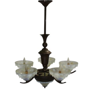 1920s Art Deco Art Glass and Metal Chandelier , Original For Sale
