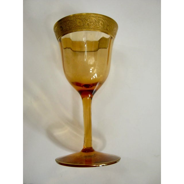 1940s 1940s Amber & Gold Cordial Stems & Large Goblet Set- 7 Pieces For Sale - Image 5 of 8