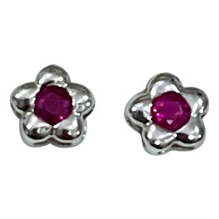 1 Carat Natural Round Ruby Stud Earrings 14 Karat White Gold, Post Back For Sale