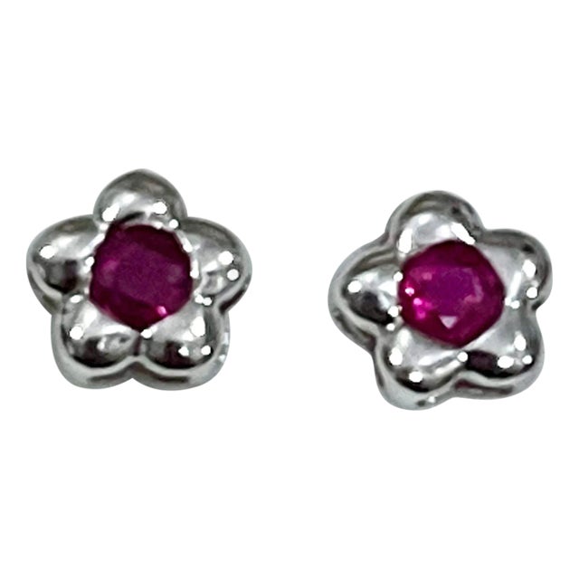 1 Carat Natural Round Ruby Stud Earrings 14 Karat White Gold, Post Back For Sale