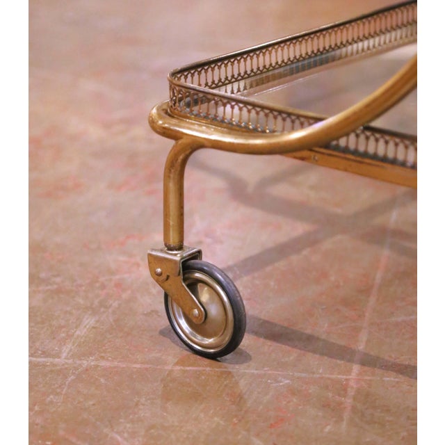 Mid-Century French Gilt Brass Bar Cart With Glass Shelves and Wheels For Sale - Image 9 of 9