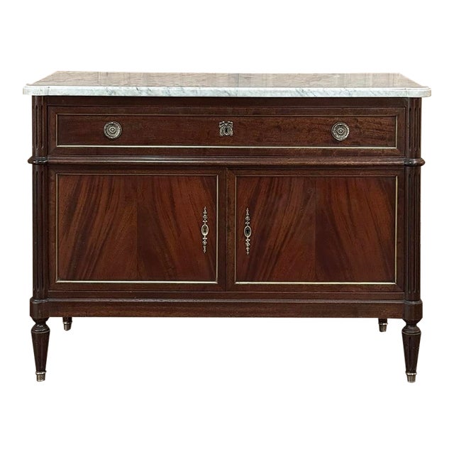 19th Century French Louis XVI Mahogany Buffet ~ Credenza With Carrara Marble For Sale