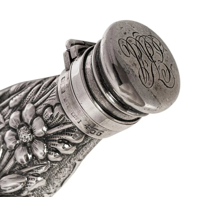 Antique Sterling Silver Perfume Scent Engraved Repousse Bottle Flask London 1873 For Sale - Image 9 of 11