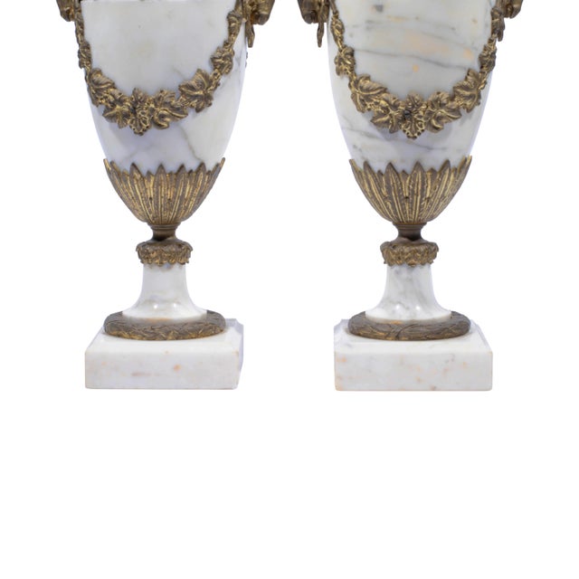 French Late 19th Century Pair of French Antique White Marble Ormolu Mounted Cassolettes For Sale - Image 3 of 6
