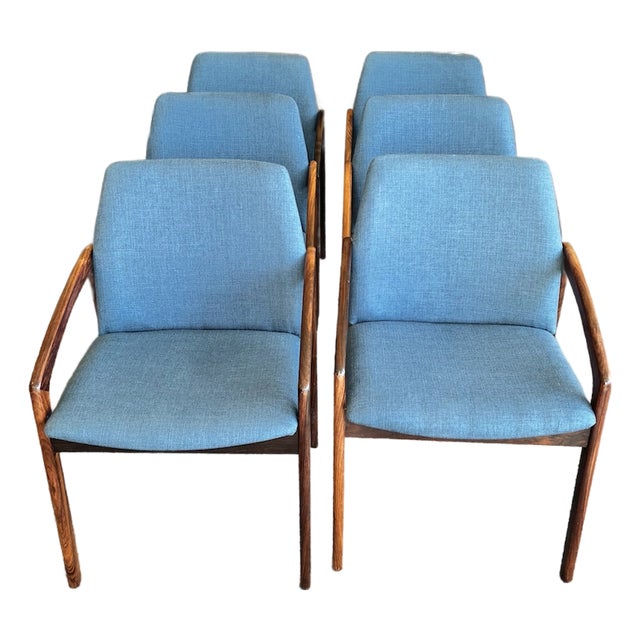 Set of Six Mid Century Danish Modern Rosewood & Upholstered Dining Chairs by Kai Kristiansen for Ks Mobler , Denmark c.1960 For Sale