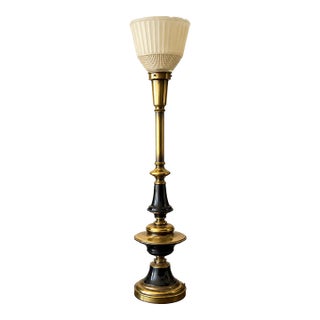 1960s Sculptural Brass & Black Enamel Torch Table Lamp With Frosted Glass Shade For Sale