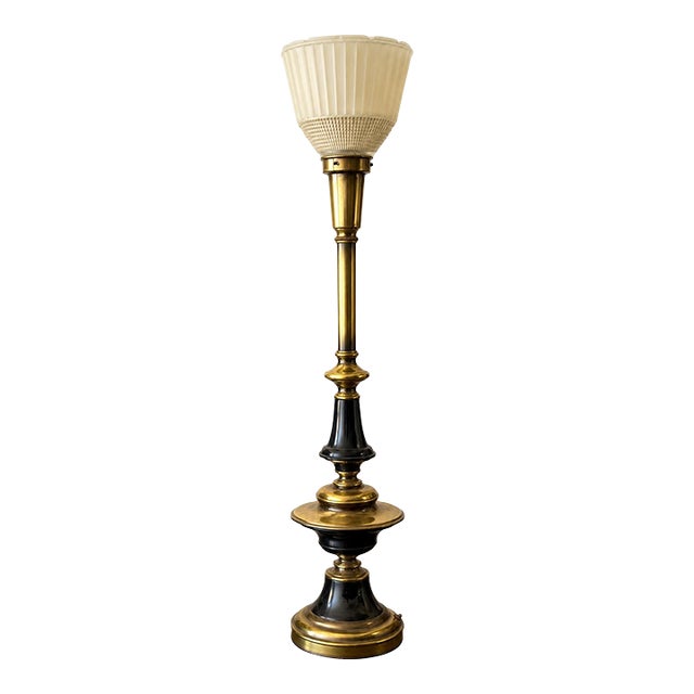 1960s Sculptural Brass & Black Enamel Torch Table Lamp With Frosted Glass Shade For Sale